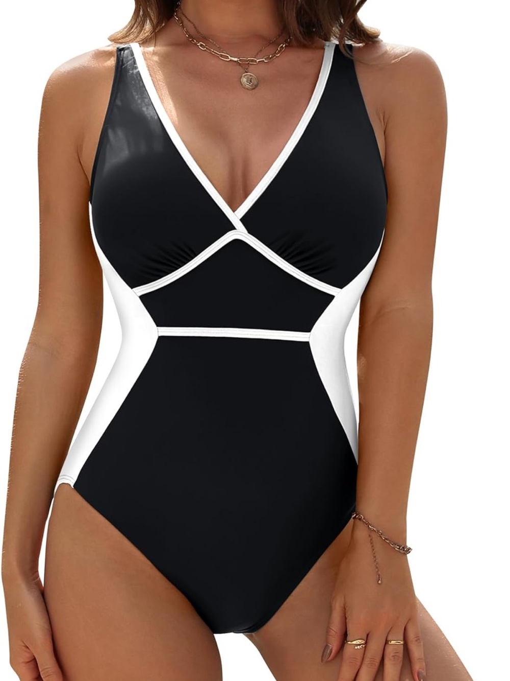 Classic Black & White V-Neck One-Piece Swimsuit - Women's Swim